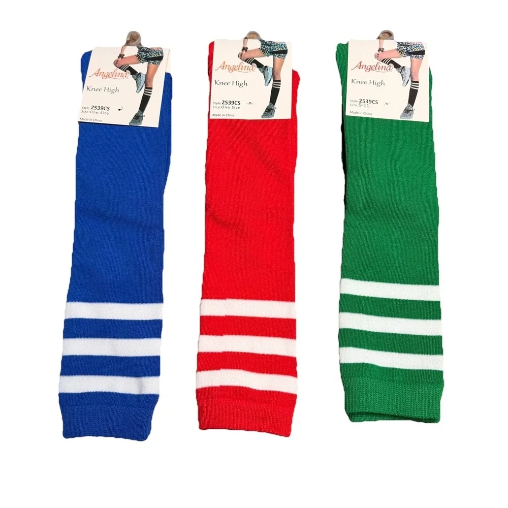 Angelina Knee High Socks Unisex Green-blue-Red W/Stripes 9-11 77% Cotton 3 Pairs